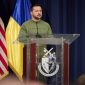 Foto Presiden Ukraina Zelenskyy saat Pidato di depan Petinggi Militer AS